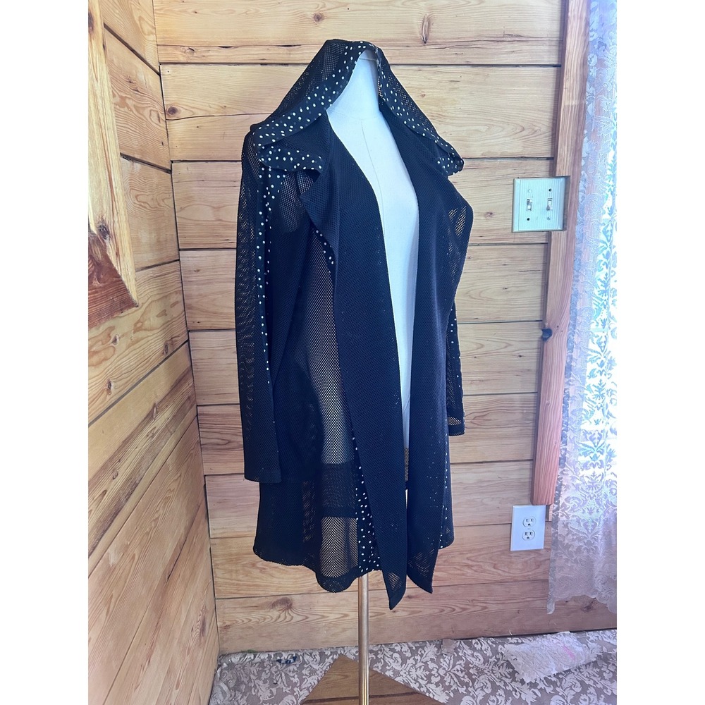 Mesh Duster Jacket Women Large Black Polka Dot Trim Hooded Open Front‎ Cardigan